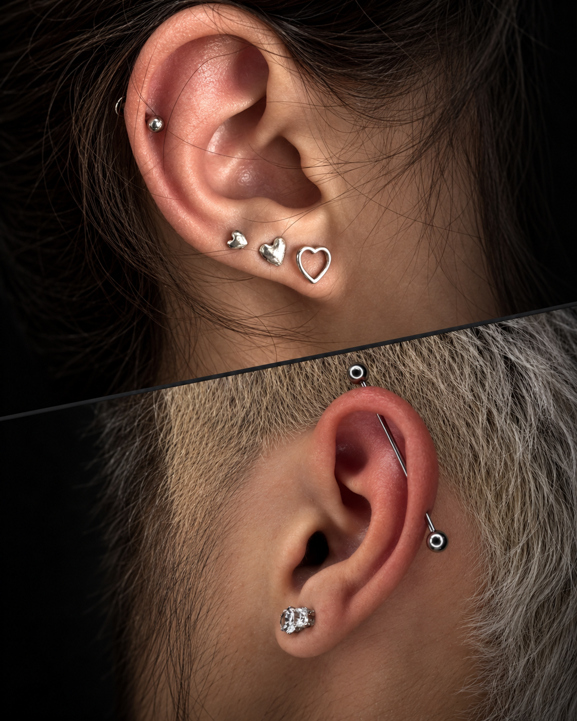 Detalhes de piercings na orelha